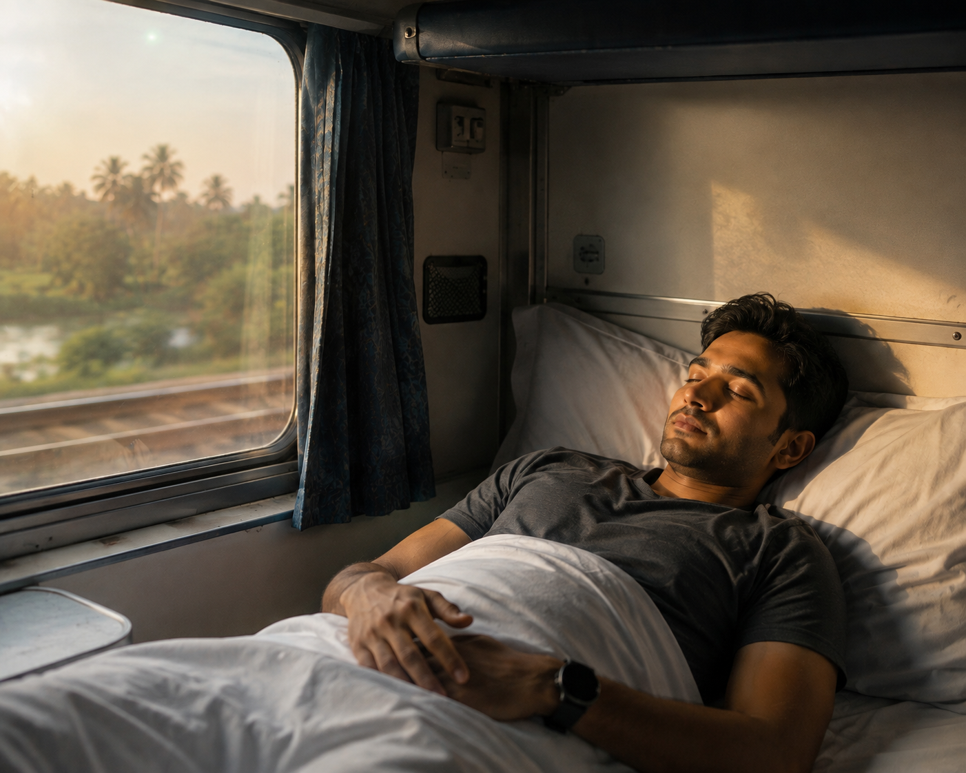 Passenger sleeping peacefully on a clean train berth with morning light