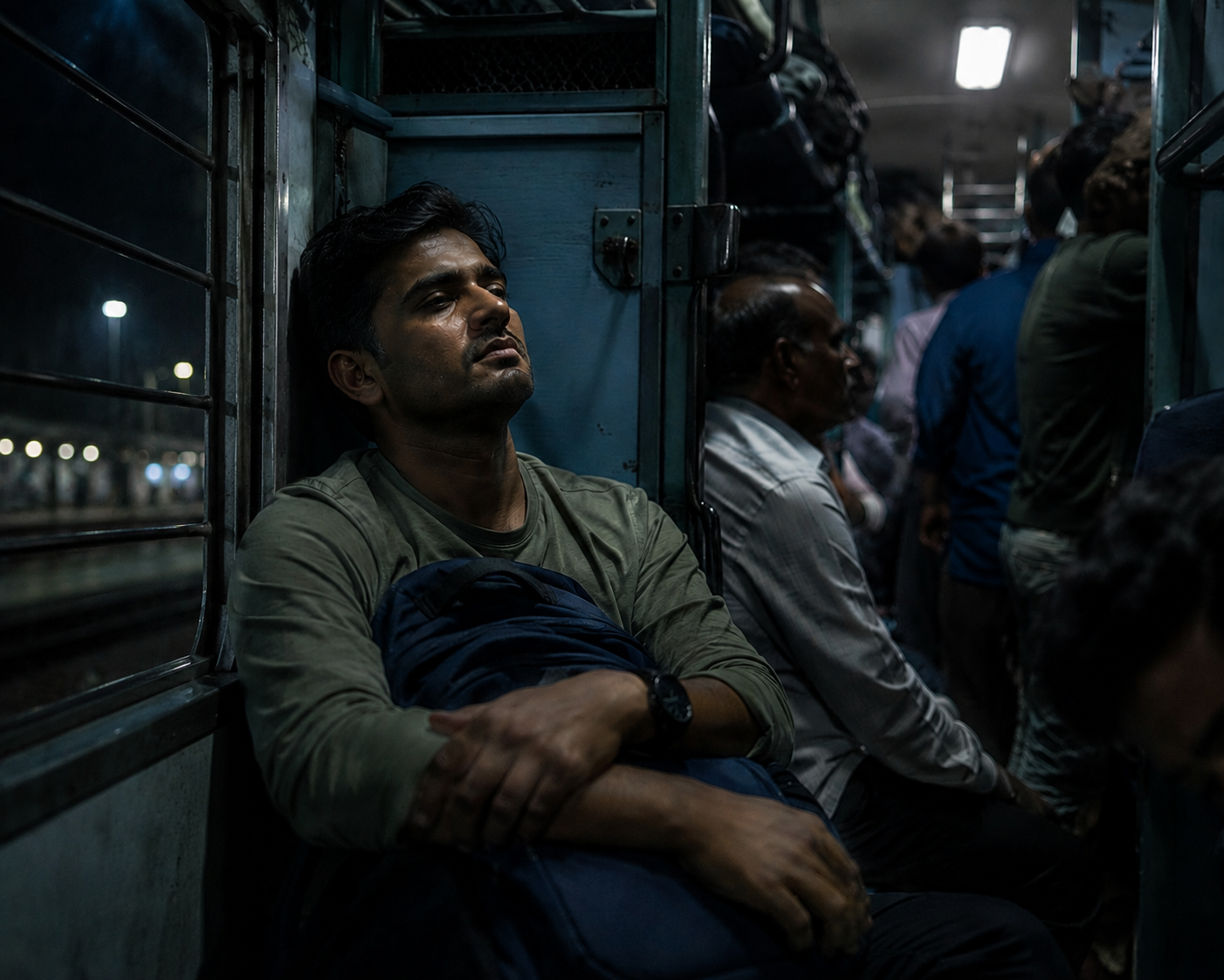 Exhausted passenger sitting upright on an RAC seat at night