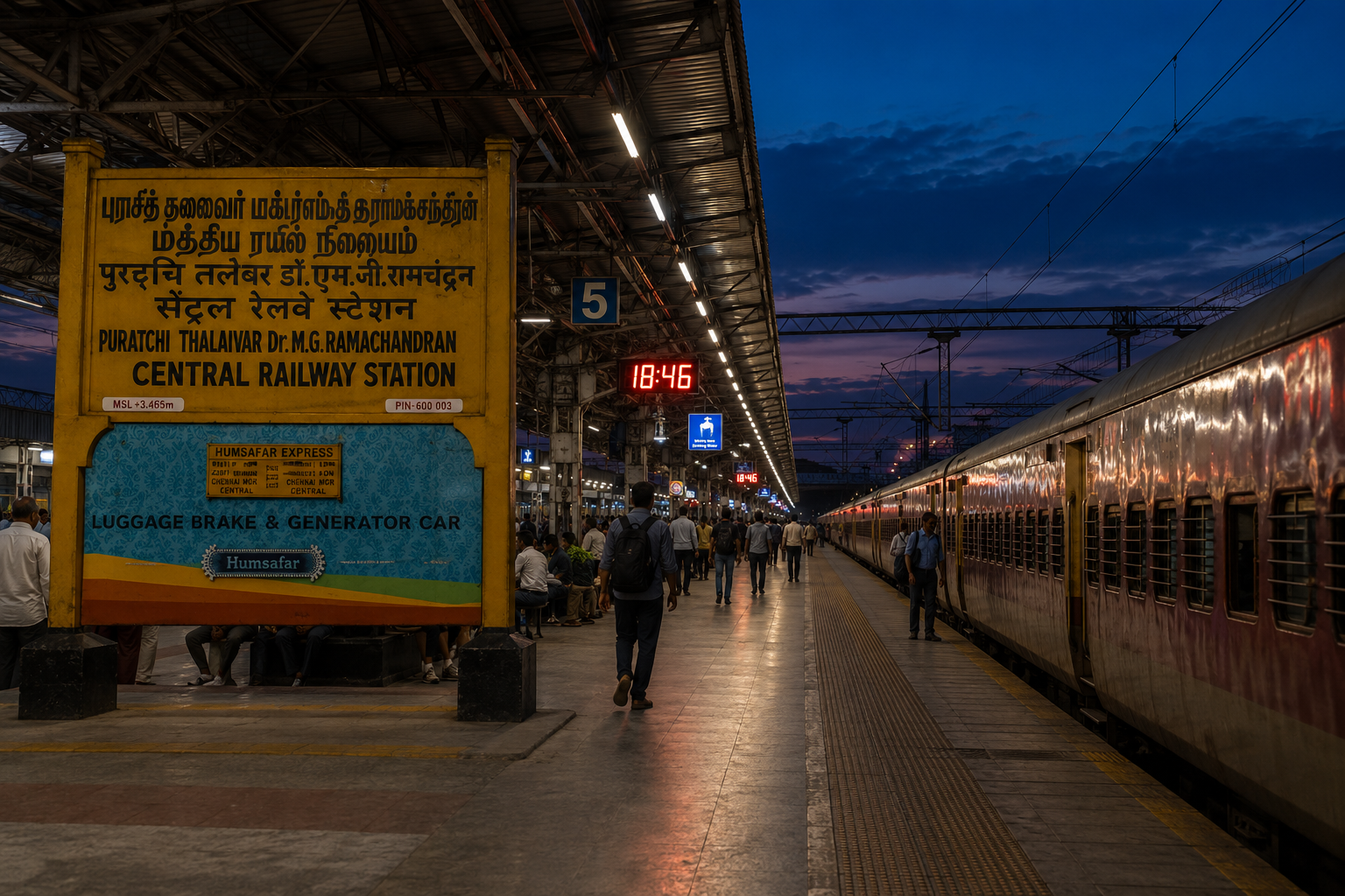 Indian railway station platform at dusk with warm platform lights and deep blue evening sky