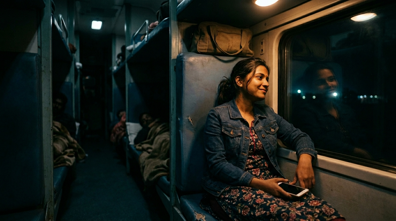 Young Indian woman on a night train, going home
